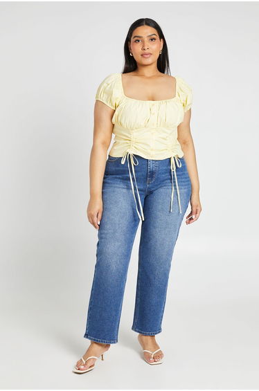 Plus Button Down Puff Sleeve Top - lemon
