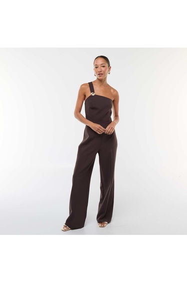 Asymmetrical Strap Jumpsuit with Detail BROWN
