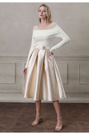 Luxurious Night Bowknot Pleated Midi Skirt in Champagne
