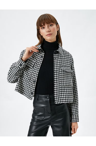 Pocket Detail Shirt Neck Tweed Buttoned Jacket