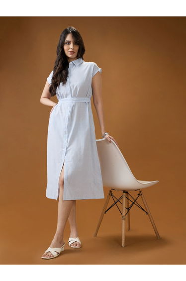 Blue Collared Neck Striped Midi Shirt Dress