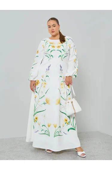 Plus Size Floral Print Balloon Sleeves A-Line Maxi Dress