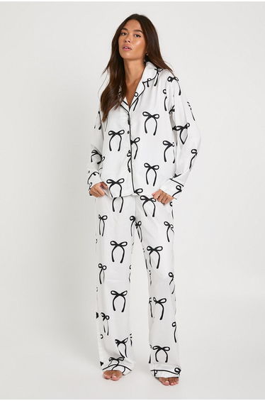 Satin Bow Print Long Sleeve Shirt & Trousers Pyjama Set