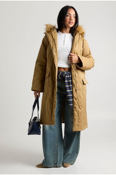 Fur Lined Hooded Parka Coat - camel