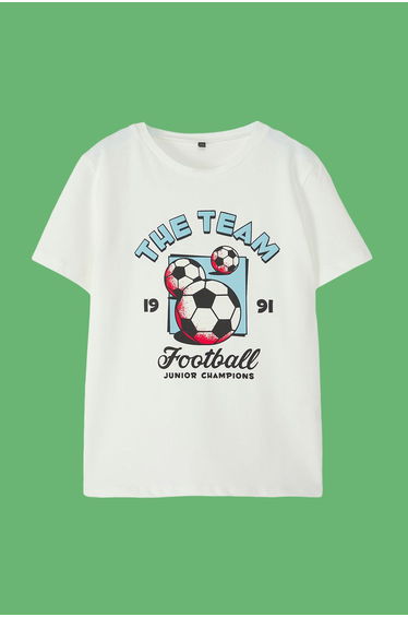 Ecru Boy's Cotton Football Printed Short Sleeve Knitted T-Shirt