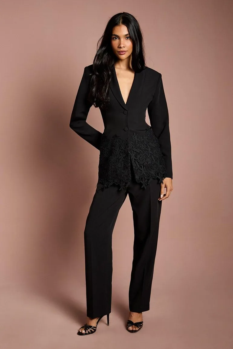 Single Breasted Lace Trim Fitted Blazer