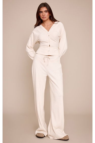 Cream Brushed Rib Tie Waist Straight Leg Trouser