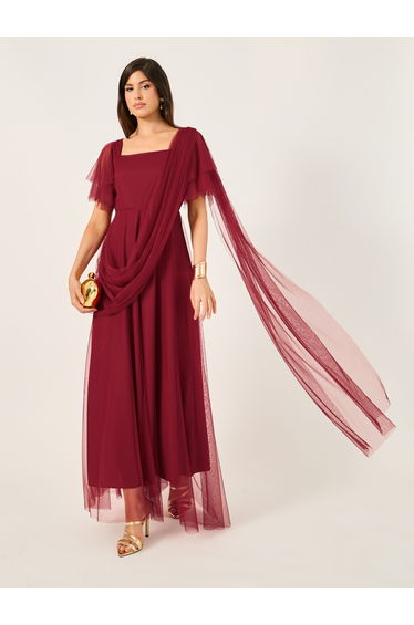 Mesh Insert Square Neck Maxi Dress with Draped Detail