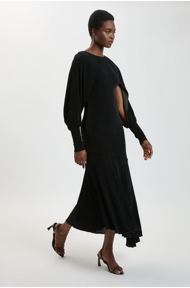 Drapey Crepe V Neck Back Sleeved Maxi Dress