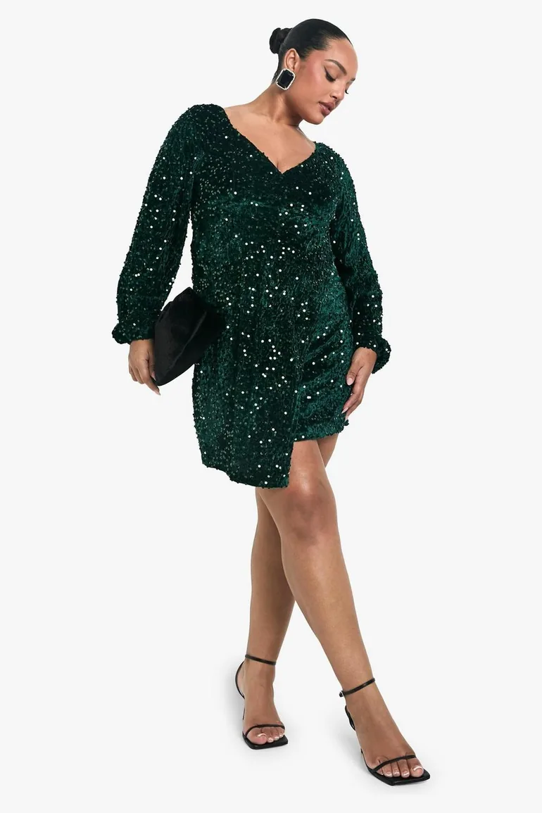 Shop Plus Velvet Sequin Swing Dress - emerald Online in Oman Shop Plus Velvet Sequin Swing Dress - emerald Online in Oman