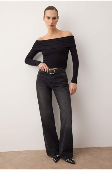 Black Carmen Collar Crop/Short Stretchy Knitted Blouse