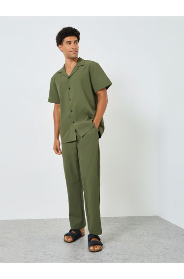 Men Textured Olive Green Shirt and Pants Co-Ords