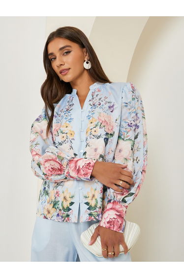 Blue Floral Print Long Sleeve Blouse