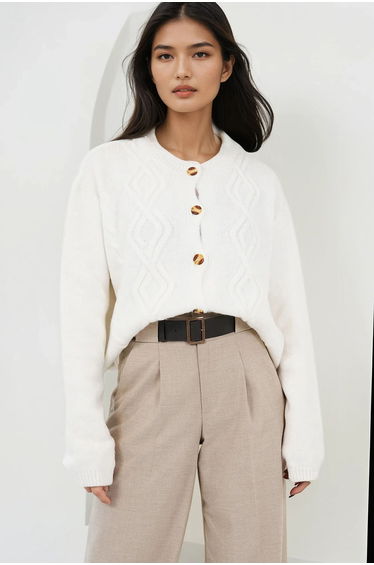 Women's Ecru Crew Neck Soft Textured Knit Cardigan