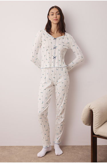 White-Blue 100% Cotton Floral Ribbon/Bow Corduroy/Pointel Knitted Pajama Set