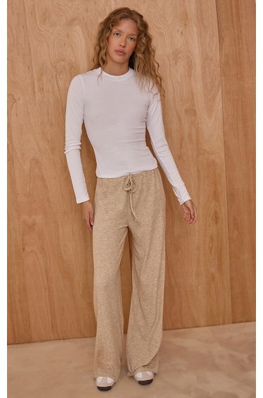 Stone Marl Ribbed Drawstring Wide Leg Trouser