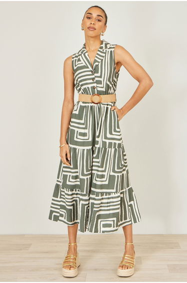 Yumi Green Viscose Geo Print Midi Shirt Dress With Matching Belt