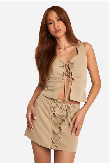 Lace Up Front Mini Skirt - sand