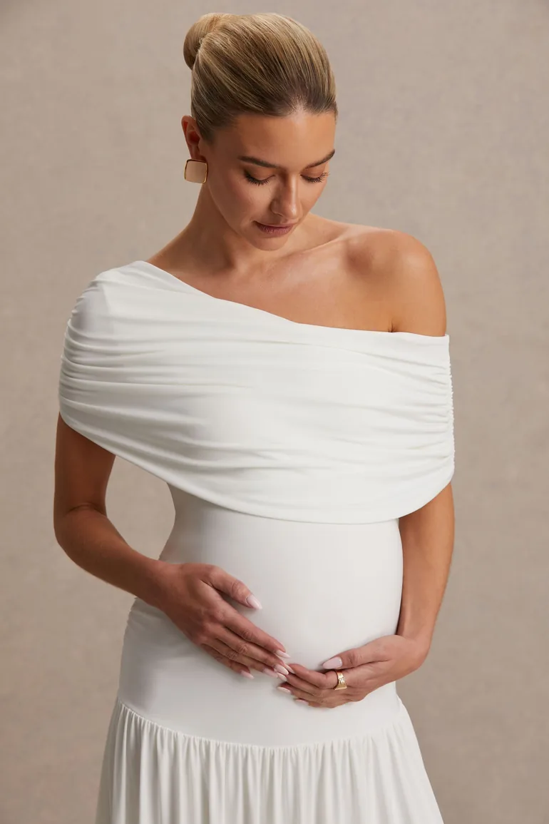 knee length dresses for ladies Momyknows White Lace Ruffle Ruched Draped Big Swing Elegant Maternity Maxi Dress White / 2XL main image 0