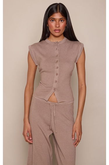 Taupe Button Down Short Sleeve Knitted Top
