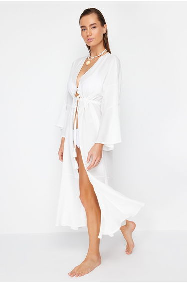 Ecru Maxi Woven Gathered Kimono&Kaftan