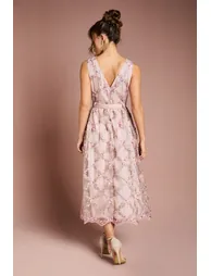 Metallic Floral Embroidered Mesh Midi Dress - 2