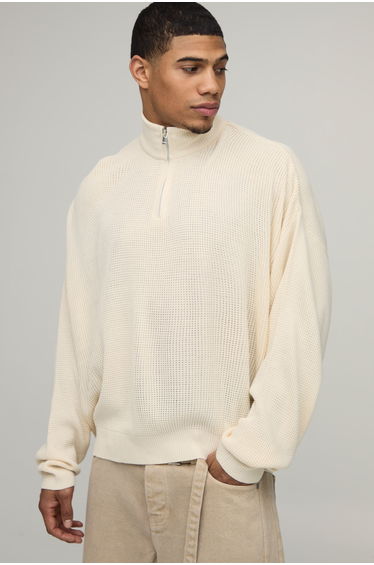 Oversized Boxy Waffle 1/4 Zip Neck Knitted Jumper - ecru
