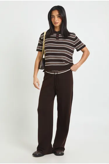 Petite Placket Collar Short Sleeve Stripe Knitted Top And Trouser - neutral