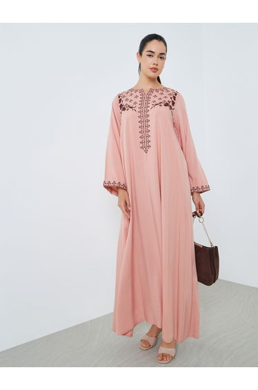 Women Light Pink Embroidered A-Line Jalabiya