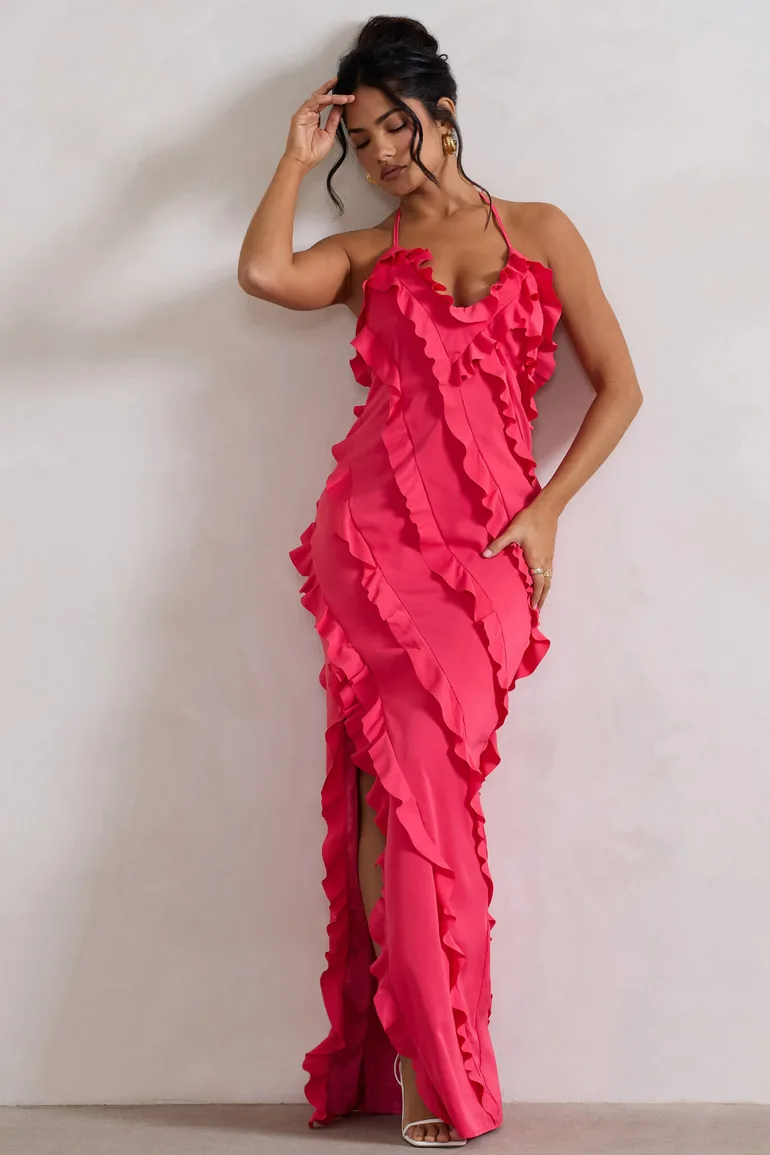 Shop Full On | Hot Pink V-Neck Ruffle Maxi Dress Online in Bahrain