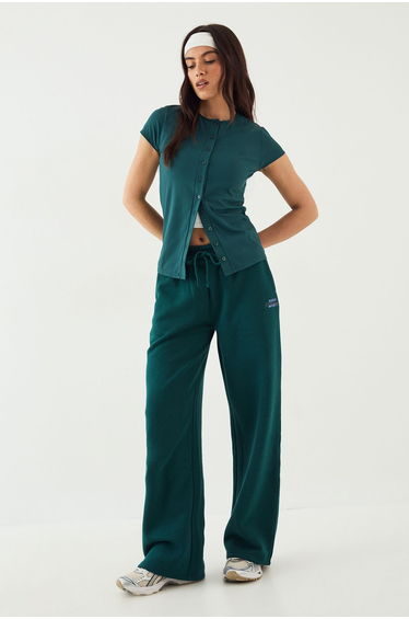 DSGN Studio Sculpt Rib Button Through Short Sleeve Top - pine