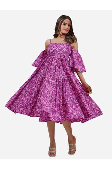 Pink Cotton Floral Printed Flared Midi Dress