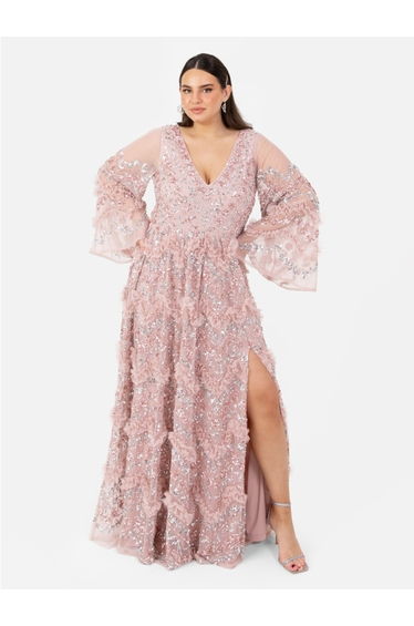 Maya Pink Fully Embellished Maxi Dress with Frill Detail