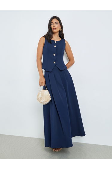 Metal Buckle Decorated Sleeveless Top and Pleated A-line Maxi Skirt Set