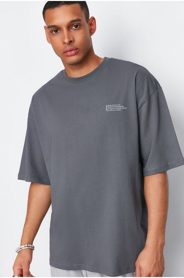 Anthracite Oversize 100% Cotton Crew Neck Minimal Text Printed T-Shirt