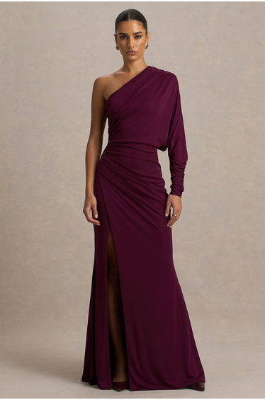 Lola | Burgundy Asymmetric-Neck Maxi Dress With Ruched Detailing And Front High-Split