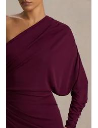 Lola | Burgundy Asymmetric-Neck Maxi Dress With Ruched Detailing And Front High-Split - 4