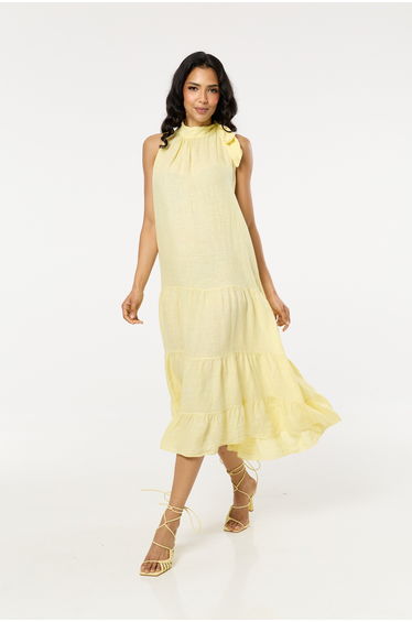 Yellow Linen Halter Neck Tiered Midi Dress