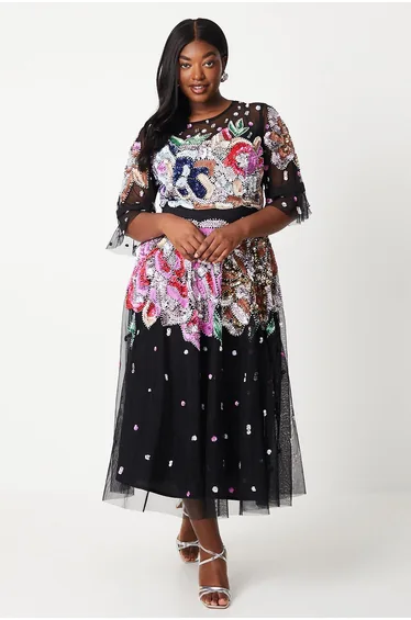 Plus Hand Embellished Mesh Dress With Short Sleeve