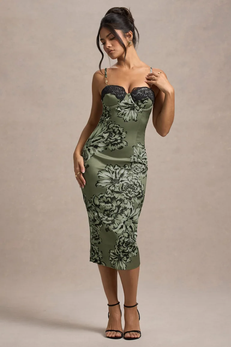 Shop Soprano | Olive Floral Print Satin Sweetheart Lace Trim Midi Dress  Online in Qatar