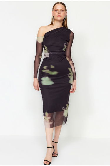 Multicolored Floral Patterned Evening Dress