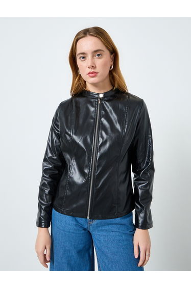 Women Solid Zip Up Long Sleeve Biker Jacket