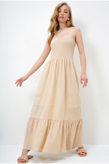 Women's Beige Guipure Lined Guipure Strapless Dress