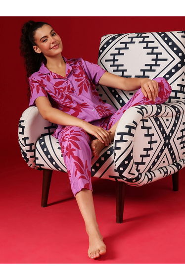 Leaf Print Button Down Shirt and Pyjama Set