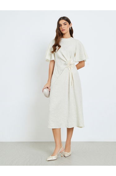 Women Cream Embellished Bell Sleeve A-Line Midi Dress