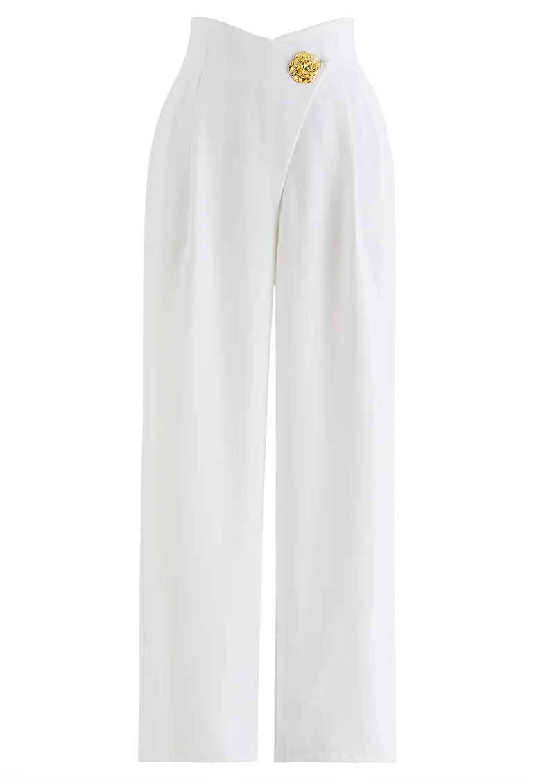 Golden Button Cross Waist Straight-Leg Pants in White - 1