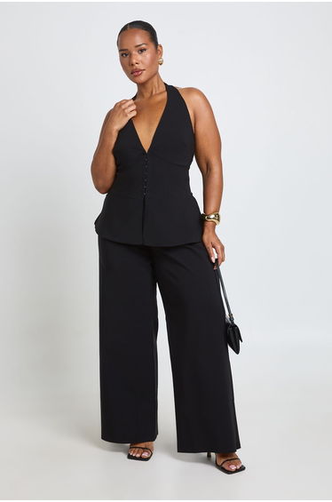 Plus Bengaline Hook and Eye Haterneck Corset Top & Wide Leg Trouser Co Ord - black