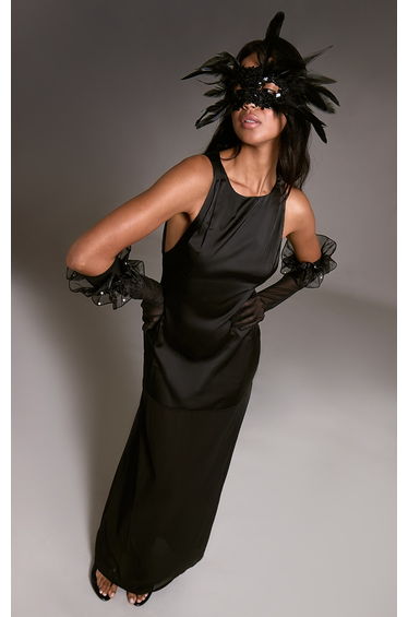 Black Satin Boat Neck Chiffon Detail Maxi Dress