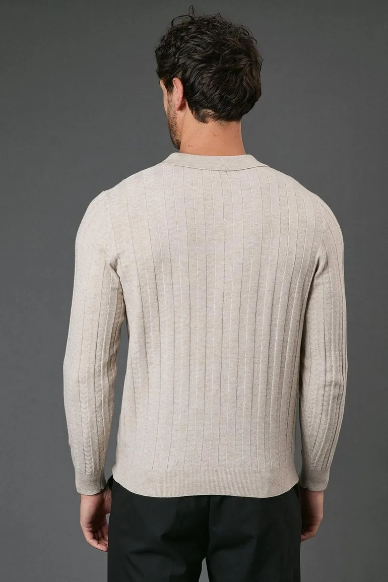 Oatmeal Long Sleeve Polo Shirt - 1