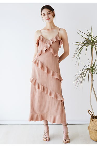 Side Slit Tiered Ruffle Cami Dress in Pink